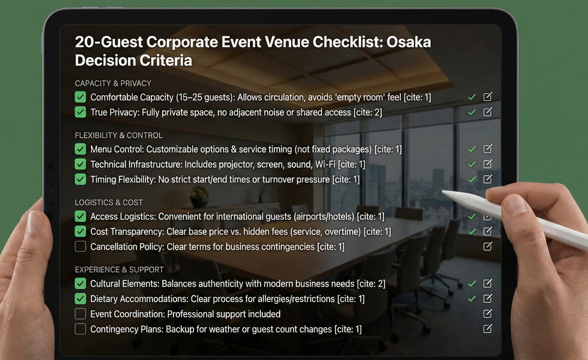 Digital checklist displaying key decision criteria for selecting a 20-person corporate event venue in Osaka