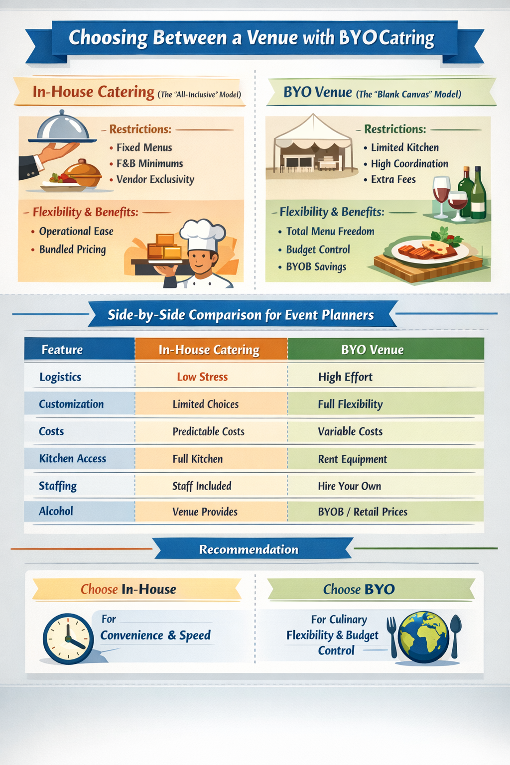 Diagram comparing in-house catering restrictions versus BYO venue flexibility for event planners