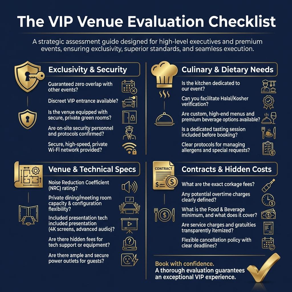 Professional venue selection checklist showing security, privacy, and dietary compliance assessment criteria for VIP event planning
